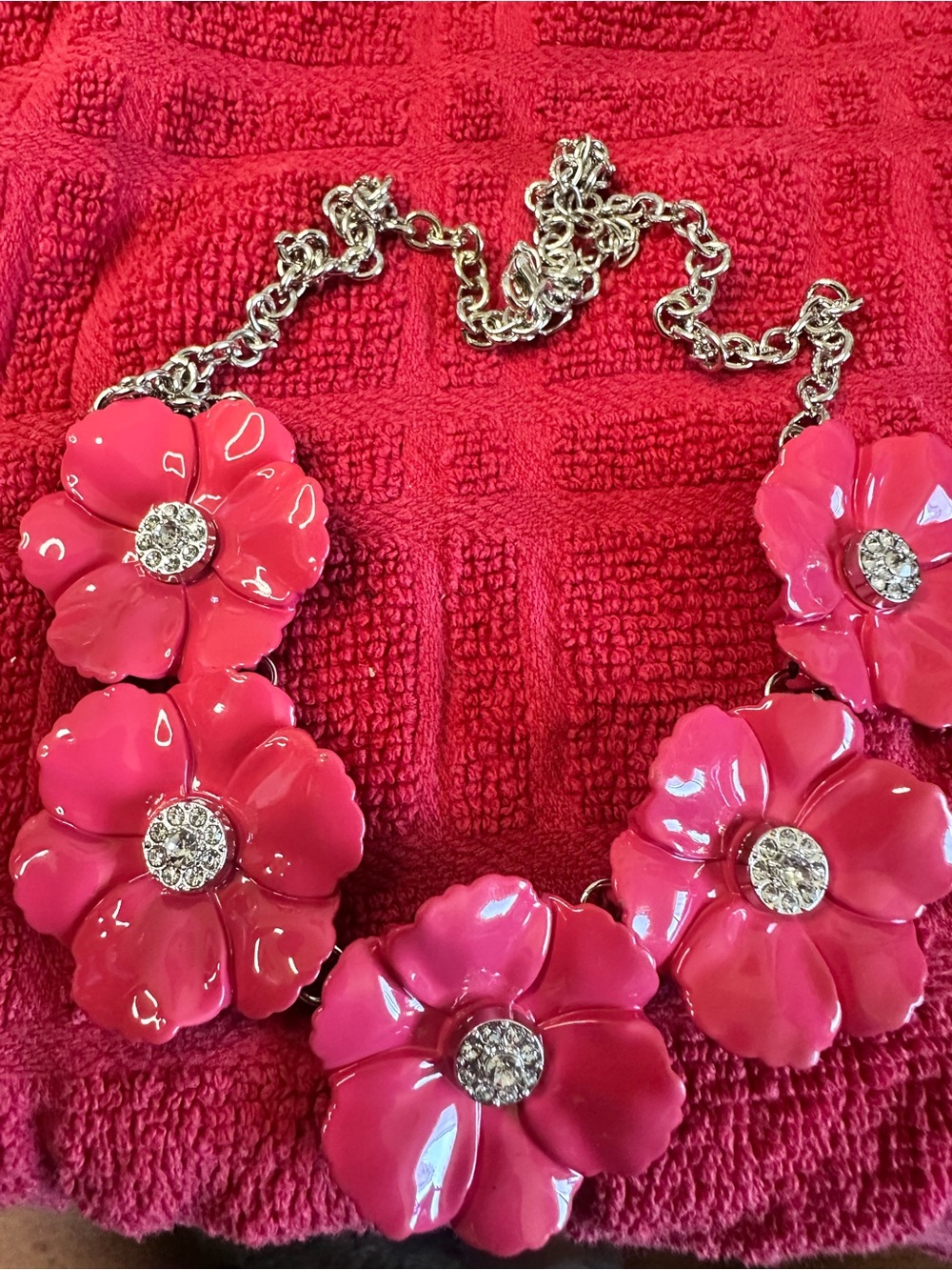 Bright Pink Floral Statement Necklace with Crystal Centers